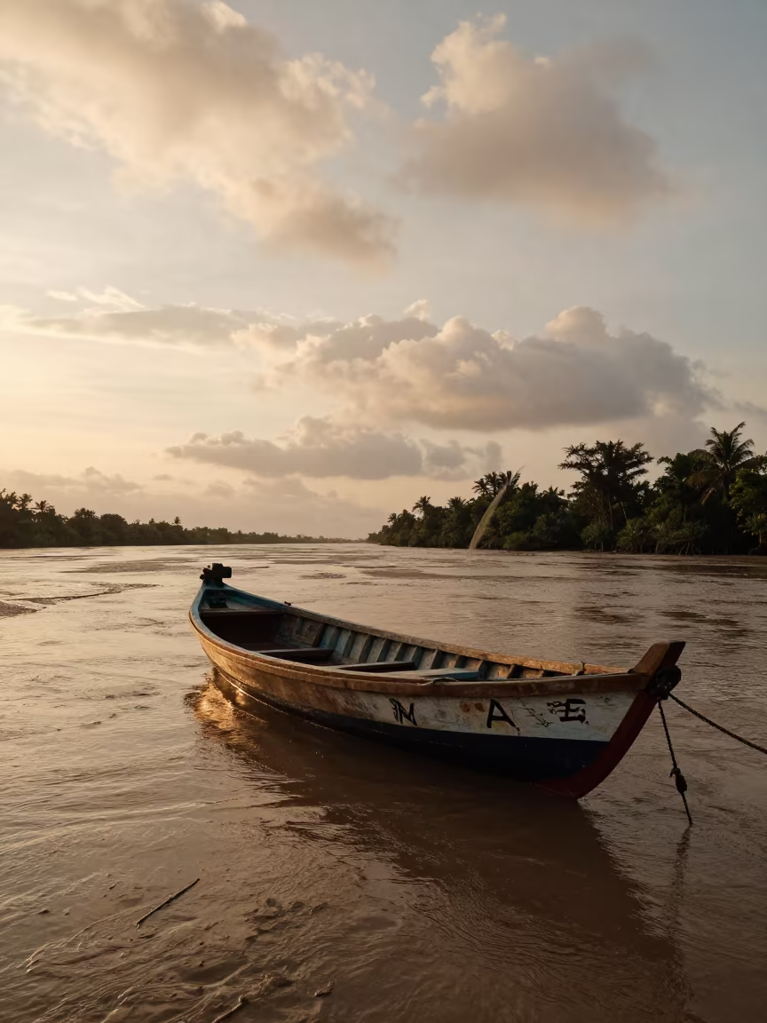 Dhow Sailing Sunset Mekong Delta Causeway in on a wind-open causeway in the Mekong Delta