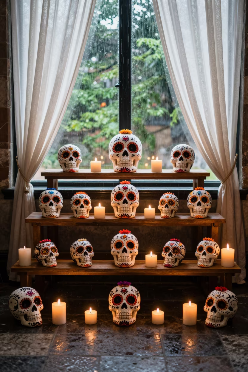 Dia de los Muertos Altar with Candles in Temple in in a temple courtyard in St Louis