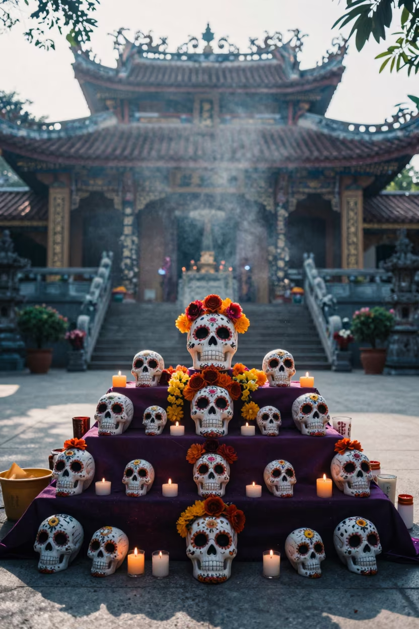 Dia de los Muertos Altar in Haiphong Temple Courtyard in in a temple courtyard near Haiphong