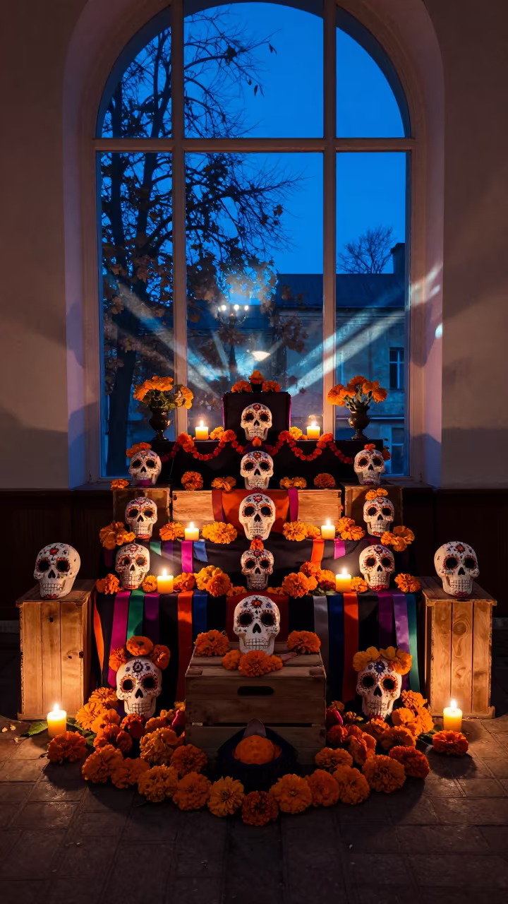 Dia de los Muertos Altar Kharkiv Evening Candles in in a ceremonial hall near Kharkiv