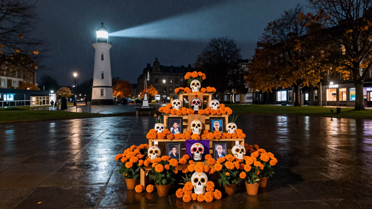 Dia de Muertos Altar Aberdeen Midnight Marigolds in at a public square during a festival in Aberdeen