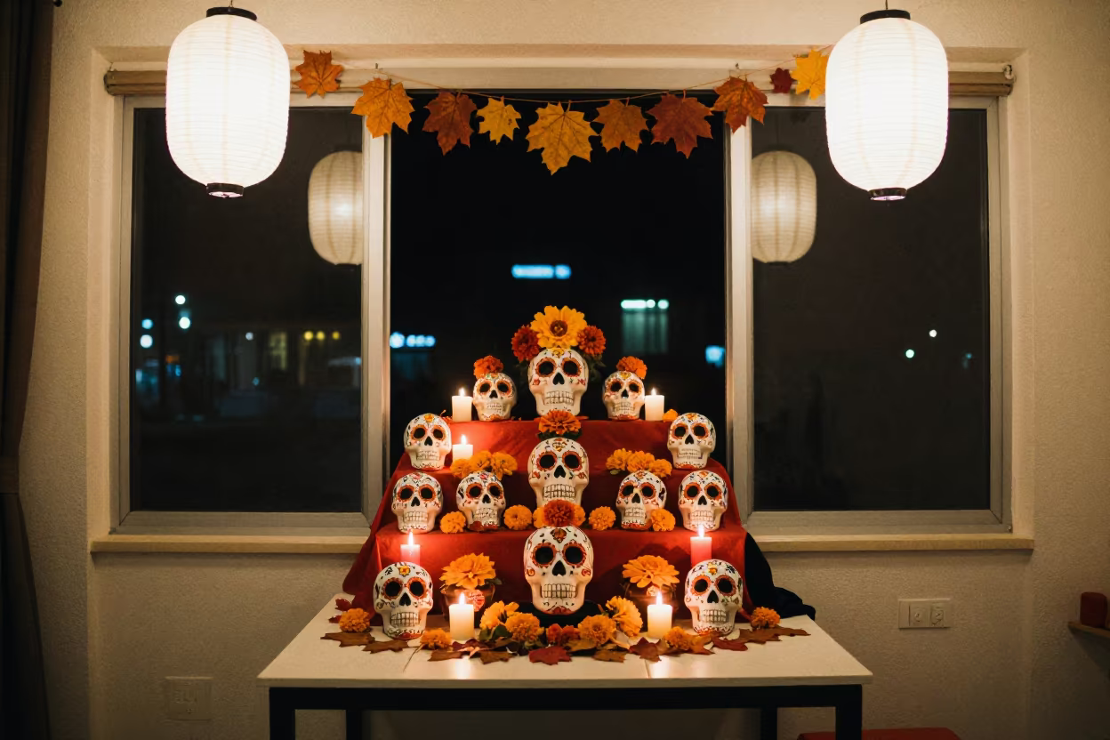 Dia de Muertos Altar Ghazni Shrine in in a shrine lined with lanterns near Ghazni