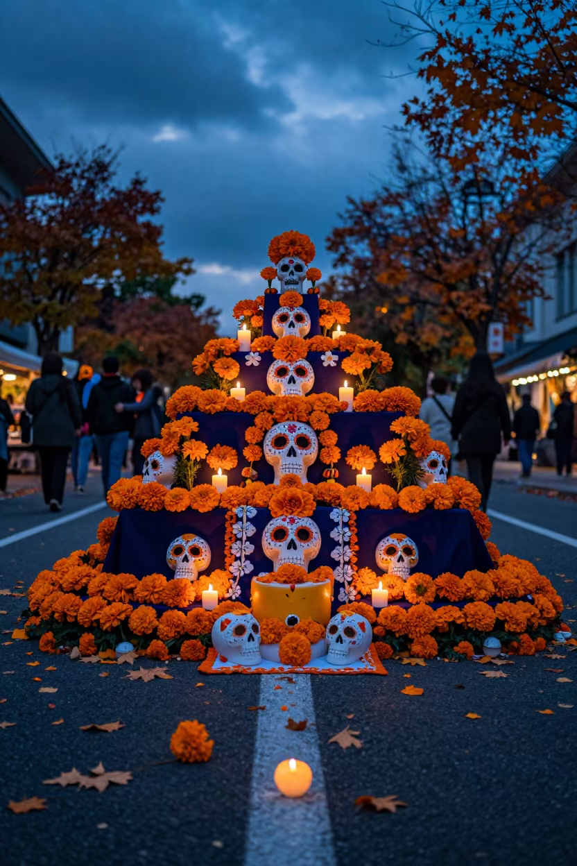 Dia de Muertos Altar Marigolds Sendai Blue Hour in at a public square during a festival near Sendai
