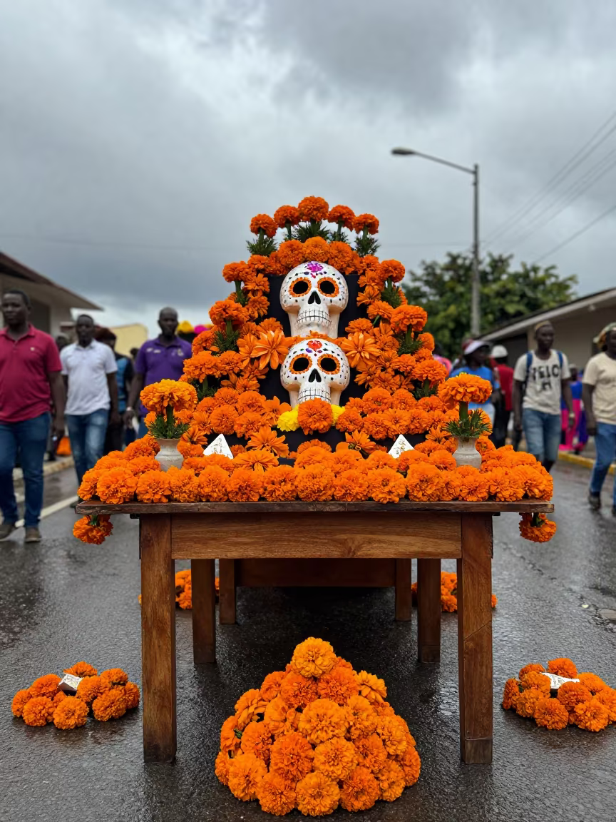 Dia de Muertos Altar Marigolds Street Procession in at a festival street procession in Shinyanga