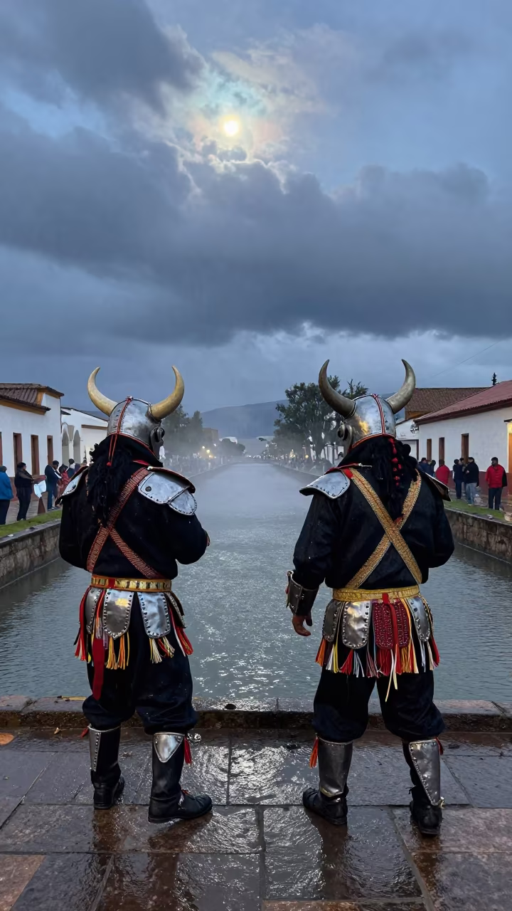 Diablada Dancers Beside Canal Before Dawn in beside a canal in Salvador