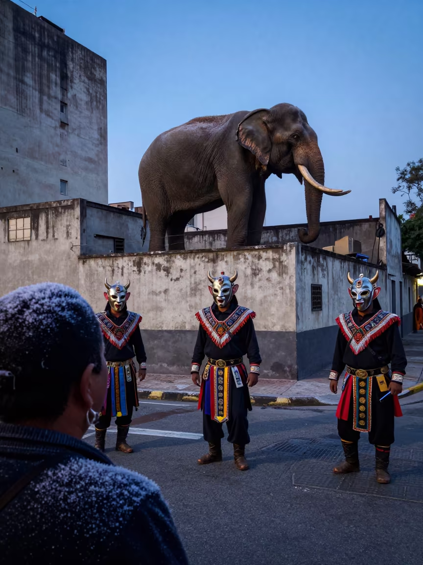 Diablada Dancers Blue Hour Rooftop Elephant in near São Paulo