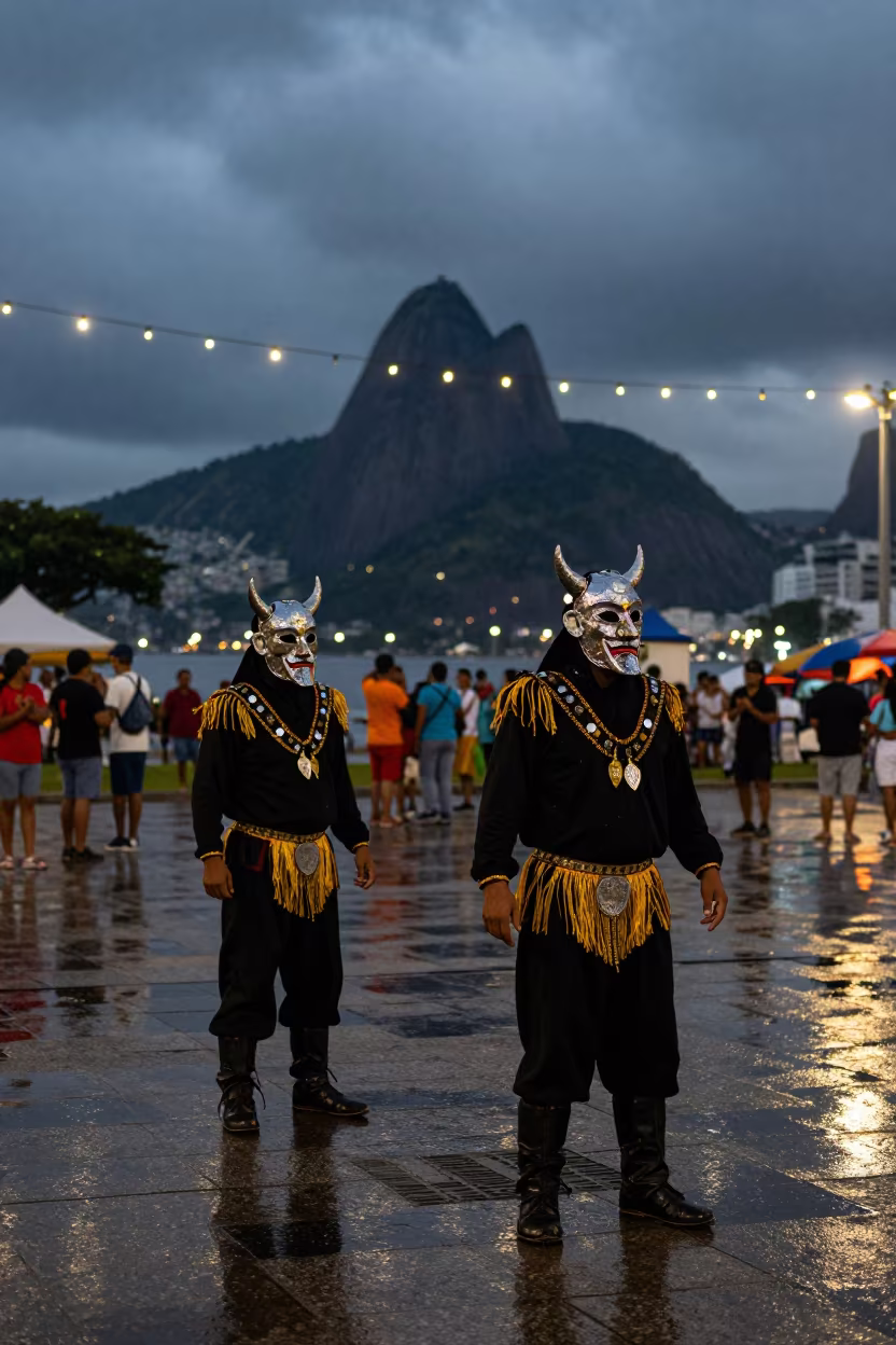 Diablada Dancers in Copacabana Square Wet Season in at a public square in Copacabana, Rio de Janeiro