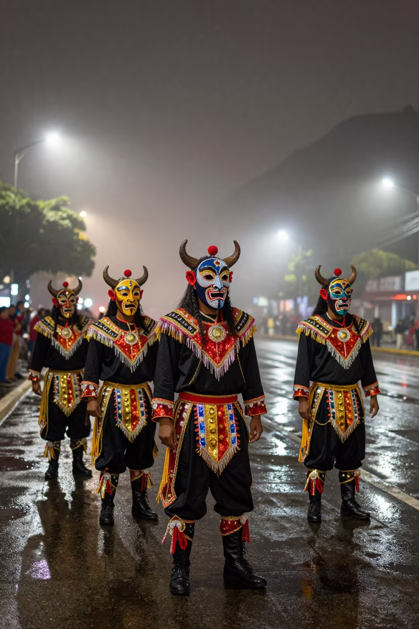 Diablada Dancers Reflect in Rio Neon at Midnight in beside a canal in Rio de Janeiro