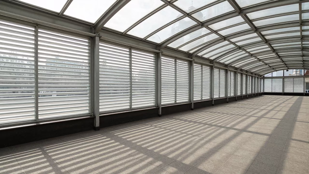 Diagonal Light Through Jalousie Blinds on Tiled Floor in inside a glass-roofed arcade in Gorky Park, Moscow