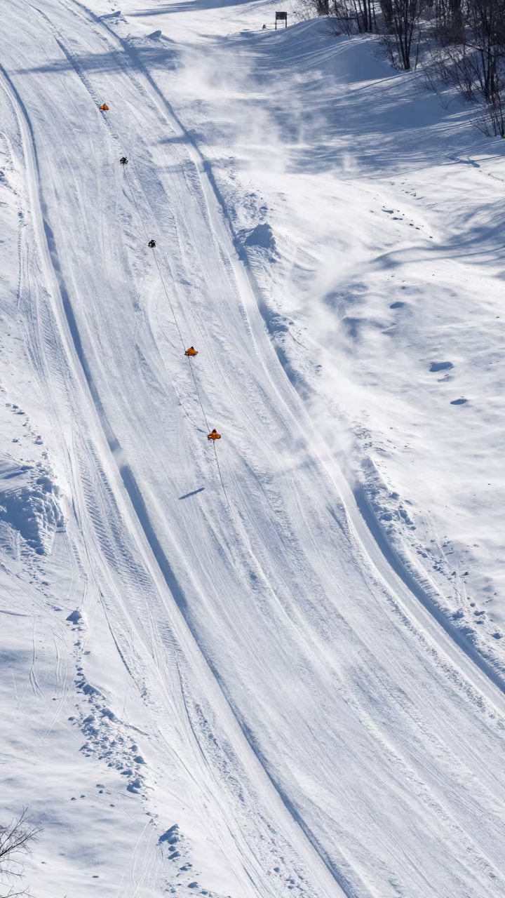 Diagonal Ski Tracks on Orsk Powder Slope in high above irrigation geometry near Orsk