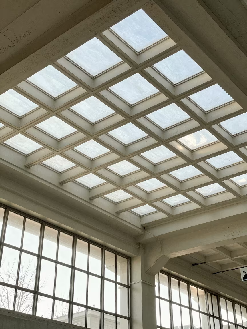 Diagonal Window Grids Over Tianjin Terminal in inside a restored train terminal near Tianjin