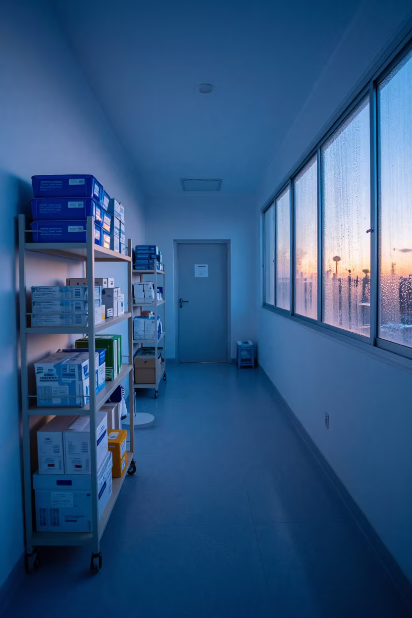Dialysis Bay Twilight Shadows Reverse in inside a prep corridor with organized storage near New Borg El Arab