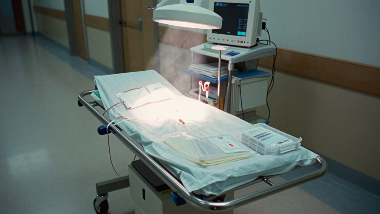 Dialysis Fistula Pillow Rack Under Clinical Light in at a nurse station under monitor glow near Arua