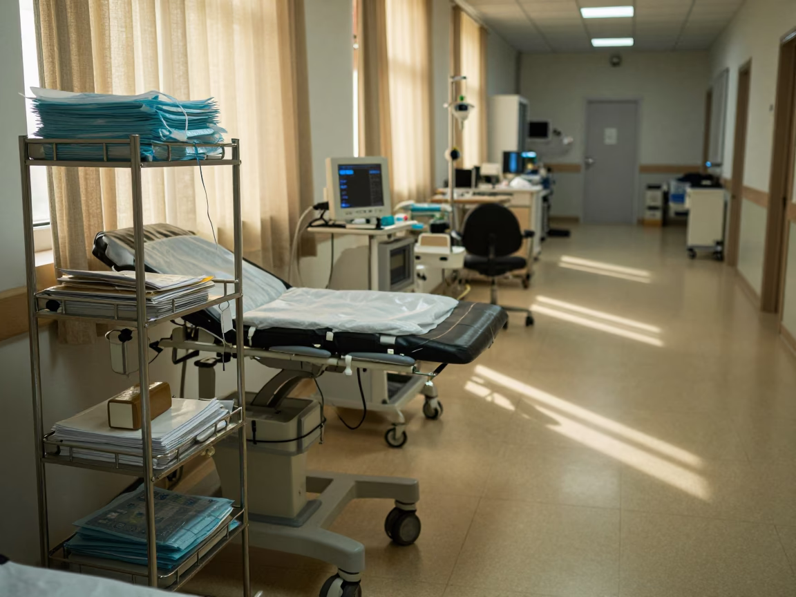 Dialysis Pillow Rack in Barakaldo Clinic Hall in at a nurse station under monitor glow in Barakaldo