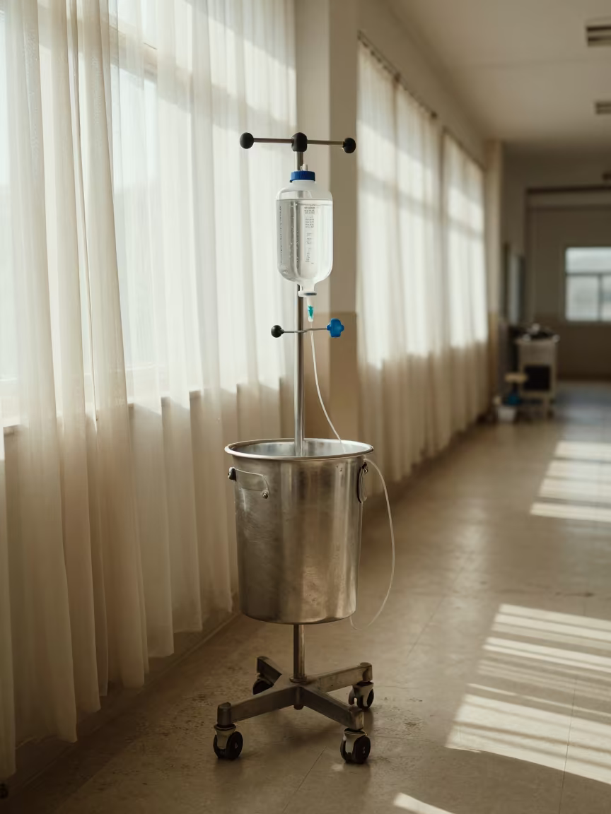 Dialysis Prime Bucket Stand in Yaounde Hospital Corridor in inside a hospital corridor in Yaounde