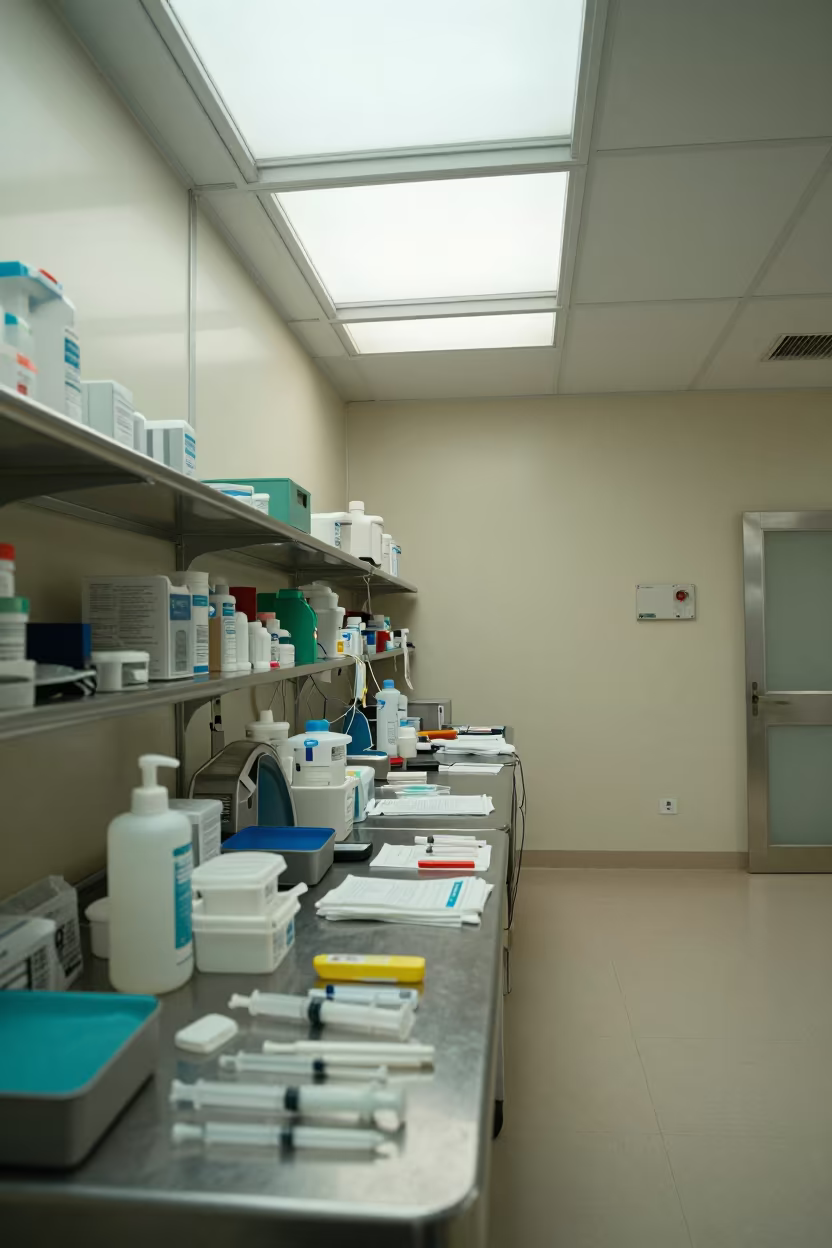 Dialysis Supply Bay in Late Afternoon Sullana in at a nurse station work surface near Sullana