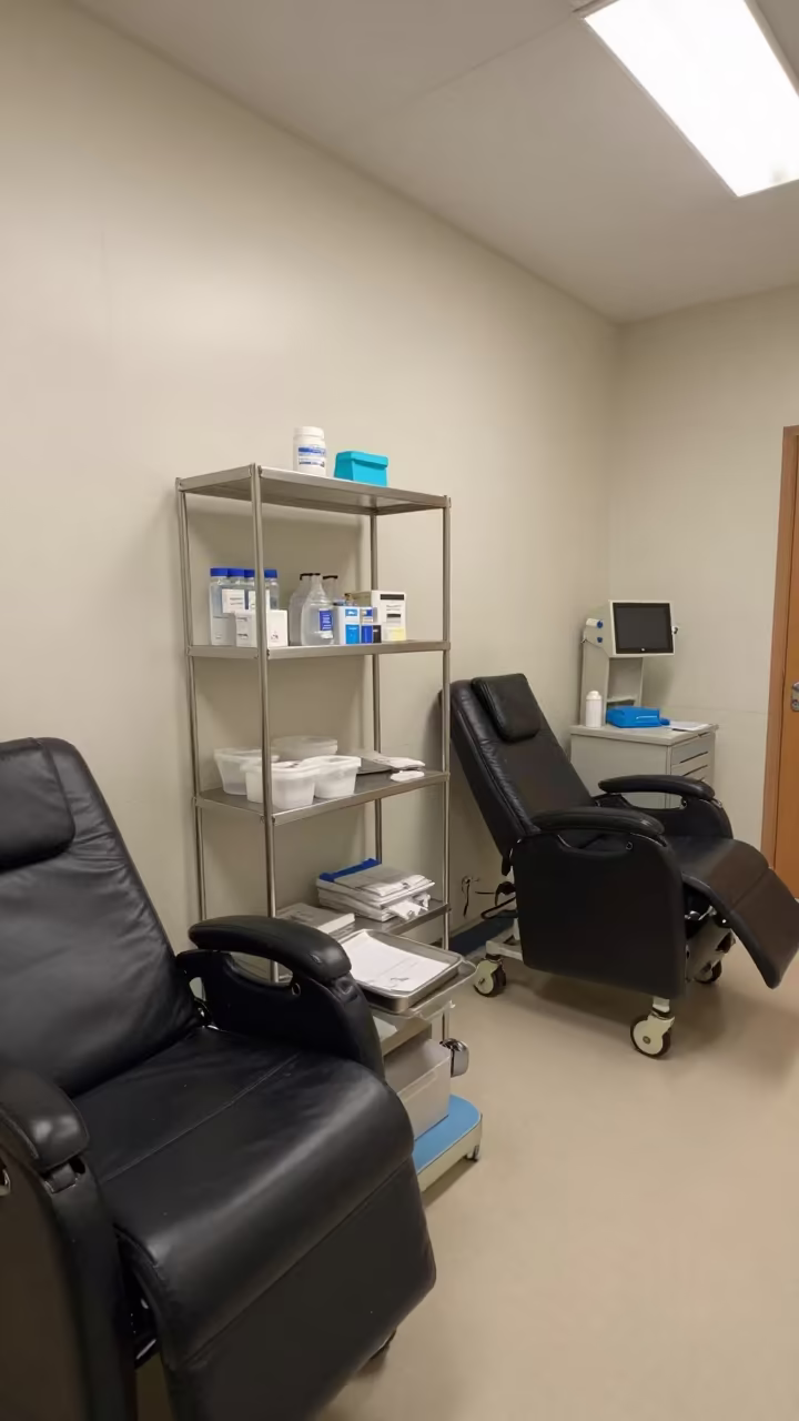 Dialysis Ward Supply Shelf With Saline Labels in inside a prep corridor with organized storage in Houston