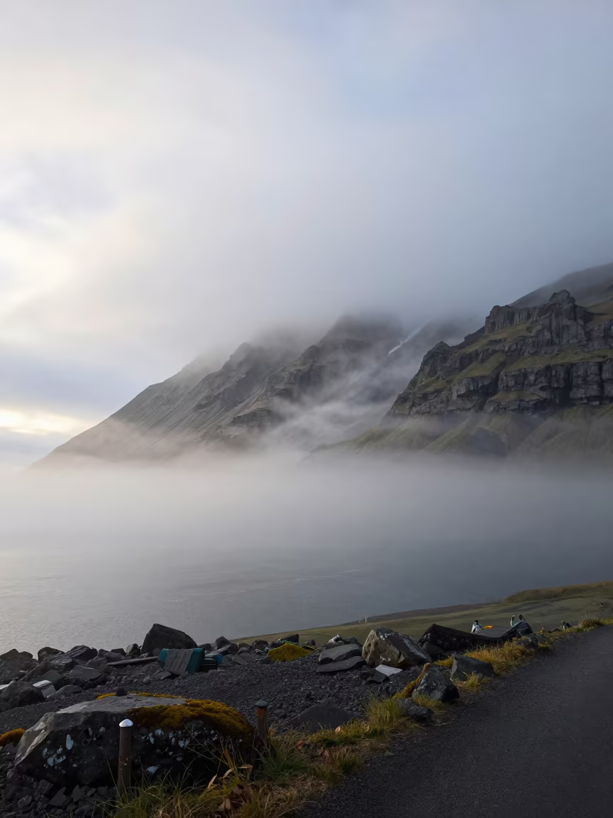 Diamond Dust Sparkling in Reykjavik Morning Mist in beneath fast-moving cloud bands near Skolavordustigur, Reykjavik