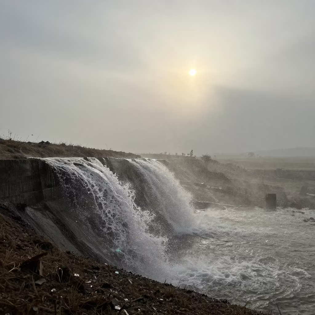 Diamond Dust and Uphill Water Flow Near Adama in beneath fast-moving cloud bands near Adama