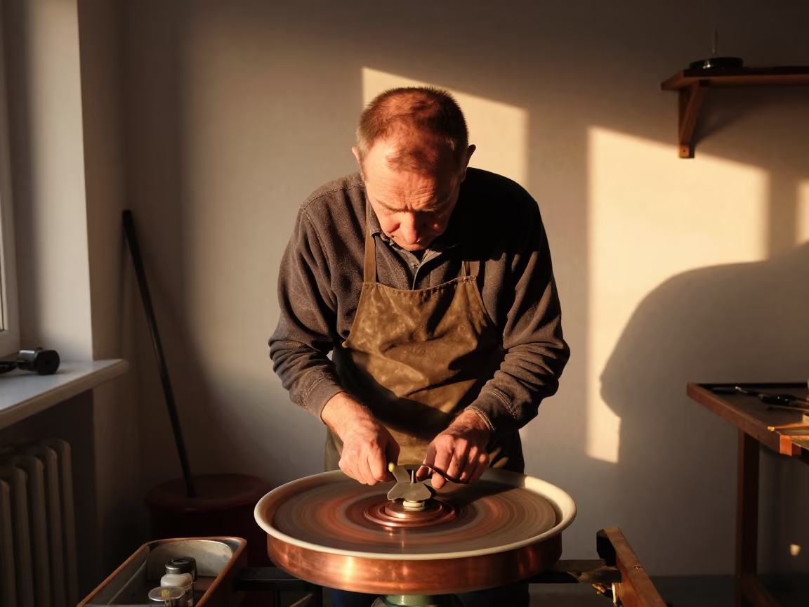 Diamond Polisher in Amber Sunset Light in in a modest tailor's shop in Rybnik