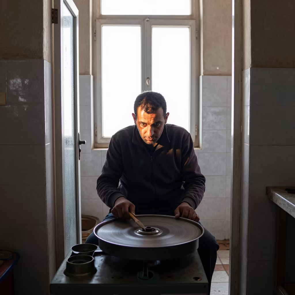 Diamond Polisher Eyes in Ghardaia Morning Light in in a tiled kitchen doorway in Ghardaia