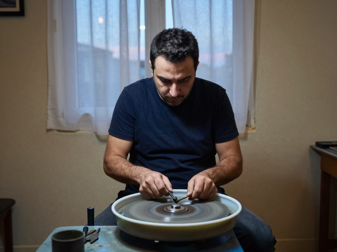 Diamond Polisher Eyes in Neon Twilight Antalya in beside a curtain-diffused window in Antalya