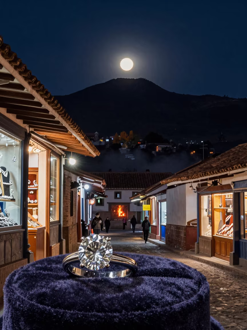 Diamond Ring Eclipse Over Cusco Bazaar in at a jewelry counter inside a covered bazaar near Cusco