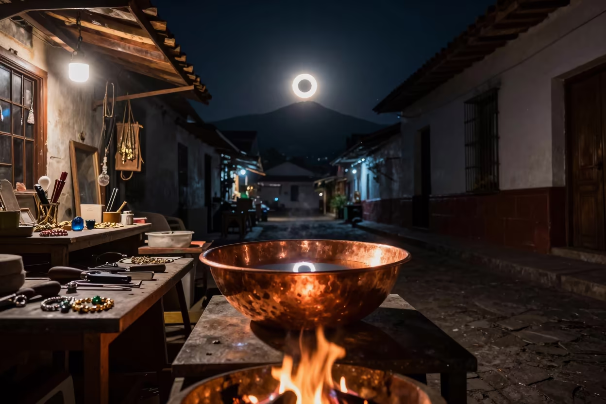 Diamond Ring Eclipse Over Mountain Silhouette in at a goldsmith bench in a bazaar jewelry lane in San Marcos, Quito