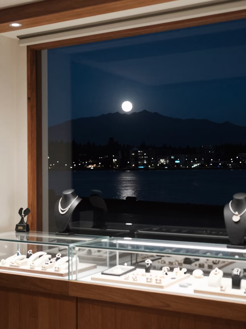 Diamond Ring Eclipse Over Mountain at Winter Night Bazaar in at a jewelry counter inside a covered bazaar near Kitsilano, Vancouver