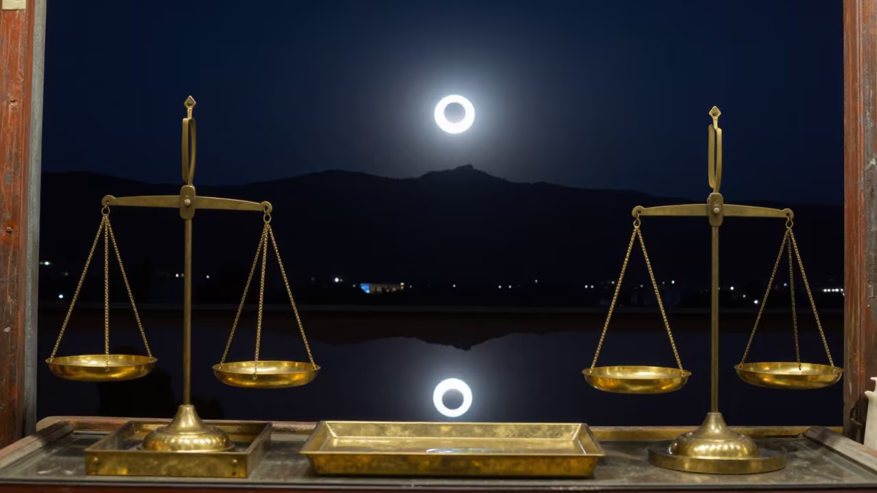 Diamond Ring Eclipse Over Thimphu Night in inside a jeweler's stall with brass scales and trays near Thimphu