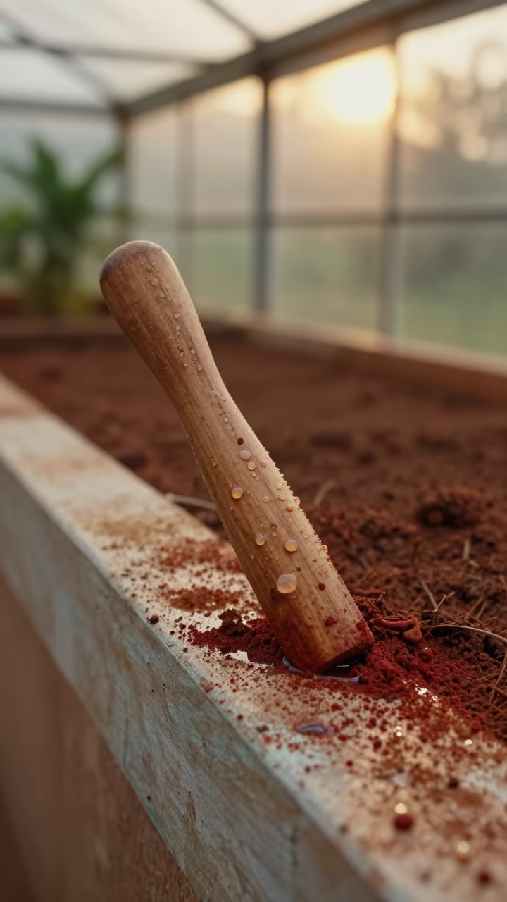 Dibber on Greenhouse Shelf with Clay Dust in on a painted display ledge in Guéckédougou