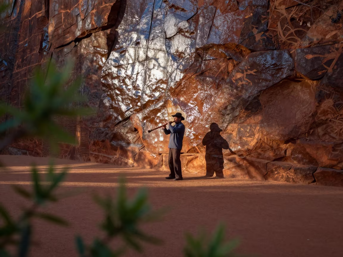 Didgeridoo Busker in Alice Springs Sandstone Dawn in along a market lane in Alice Springs