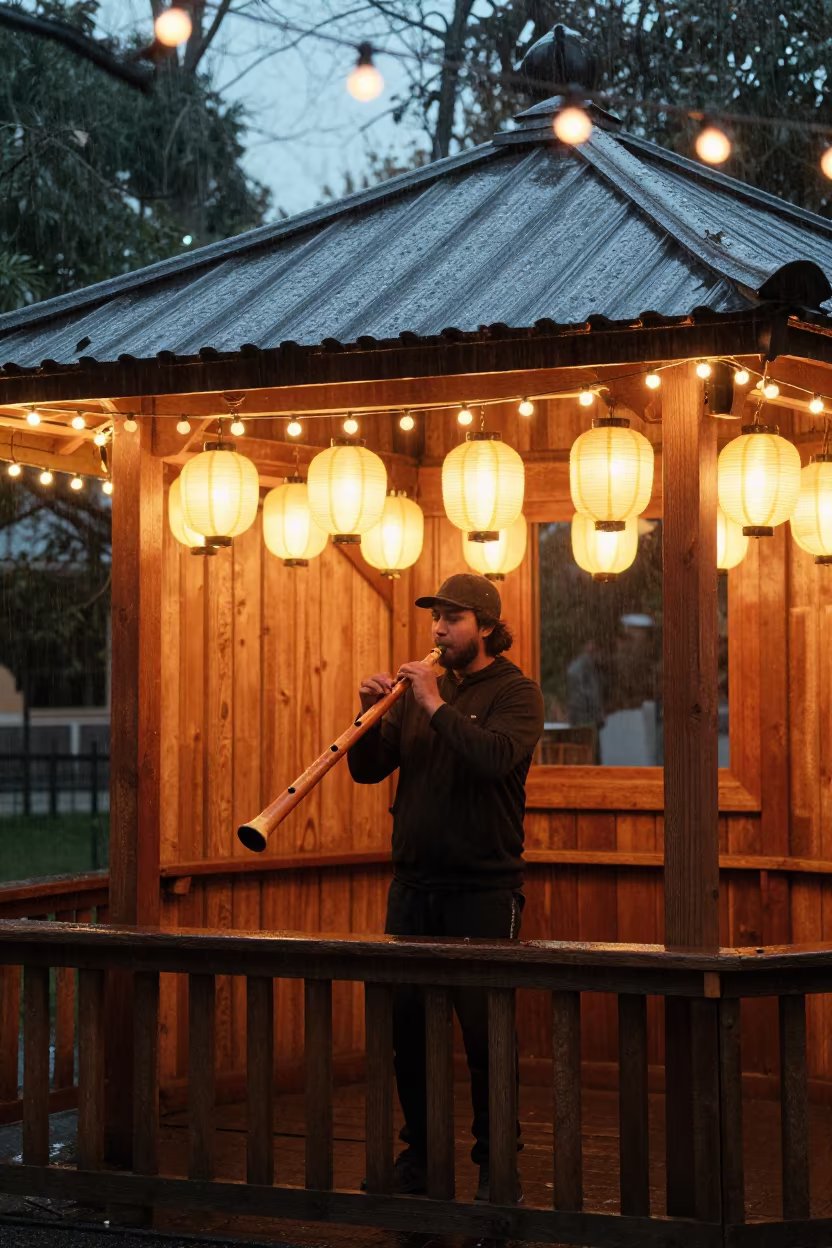 Didgeridoo Player Dusk String Lights Paddington in in a shrine lined with lanterns in Paddington, Sydney
