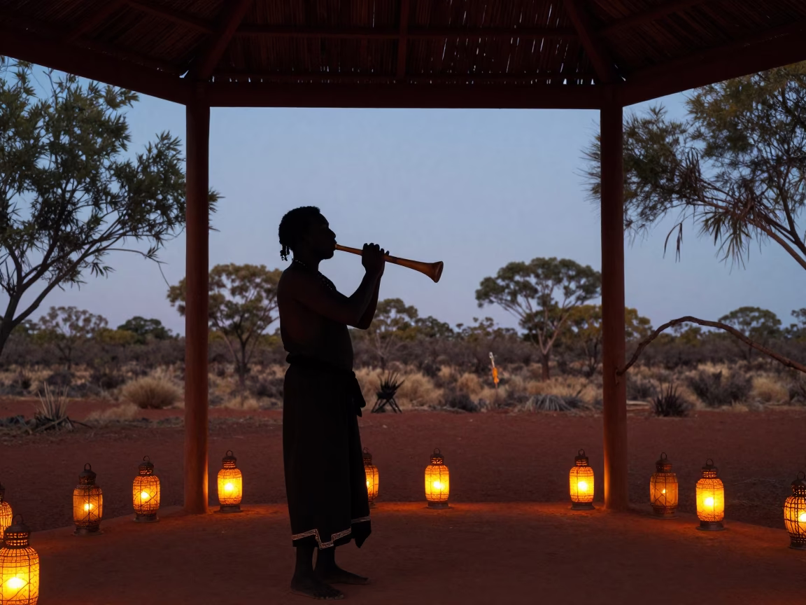 Didgeridoo Player Silhouette in Alice Springs Shrine in in a shrine lined with lanterns in Alice Springs