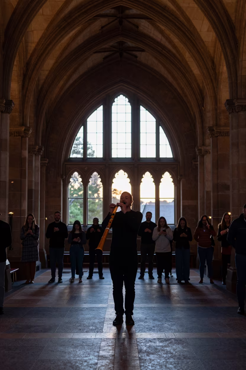 Didgeridoo Player Silhouette in Sydney Prayer Hall in in a prayer hall in The Rocks, Sydney