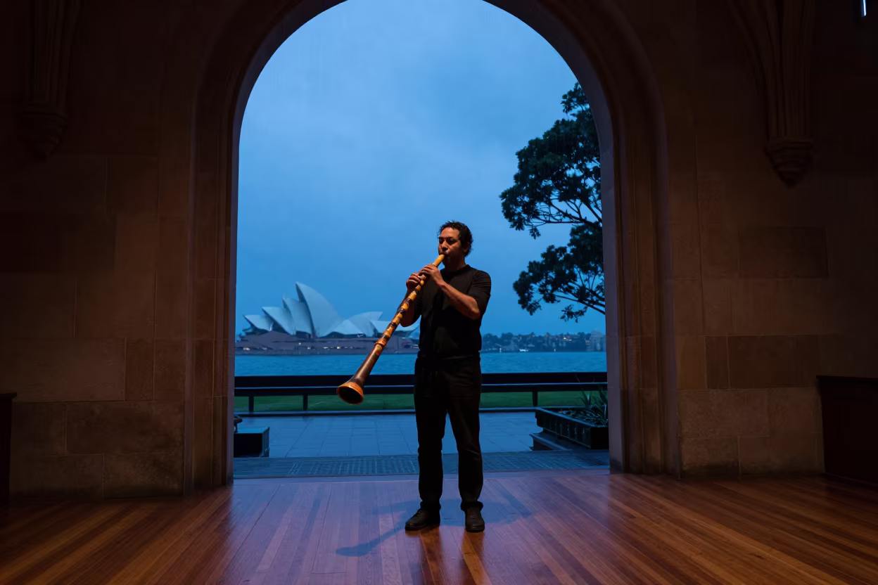 Didgeridoo Player in Sydney Prayer Hall at Dusk in in a prayer hall near Barangaroo, Sydney