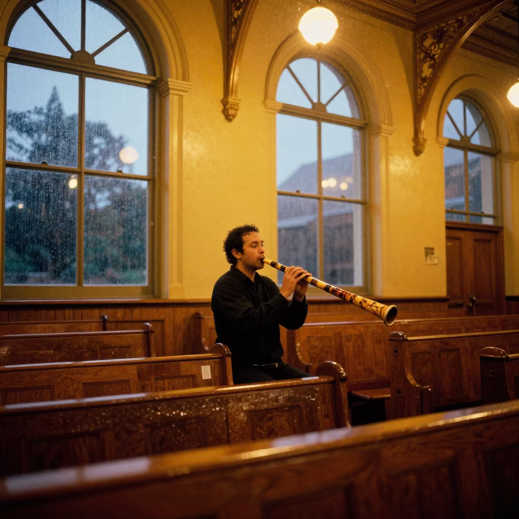 Didgeridoo Player in Sydney Prayer Hall Twilight in in a prayer hall in Sydney