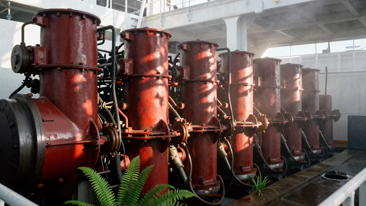 Diesel Engines in Ferry Engine Room Monsoon Mist in across a remote ferry crossing in Guatemala