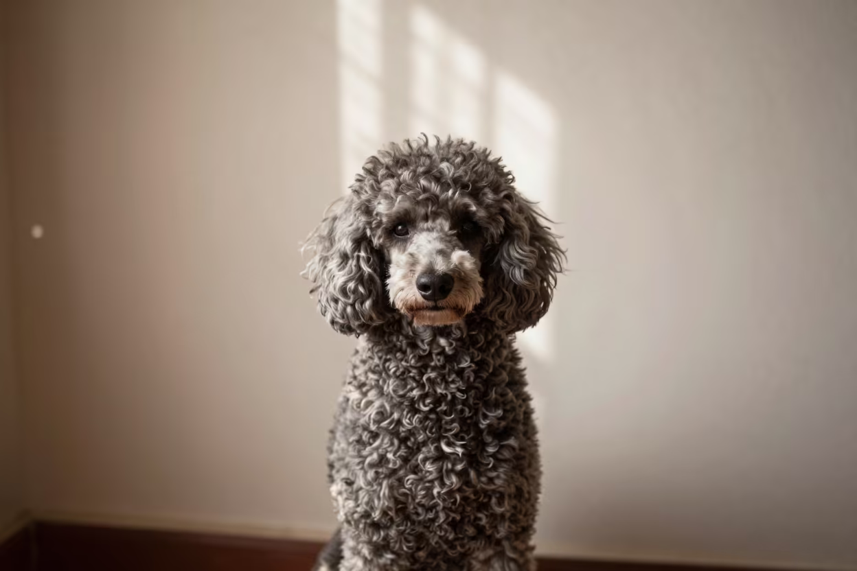 Dignified Poodle Portrait in Aurangabad Soft Light in beside a plain plaster wall in soft indoor light with the animal centered in frame in Aurangabad