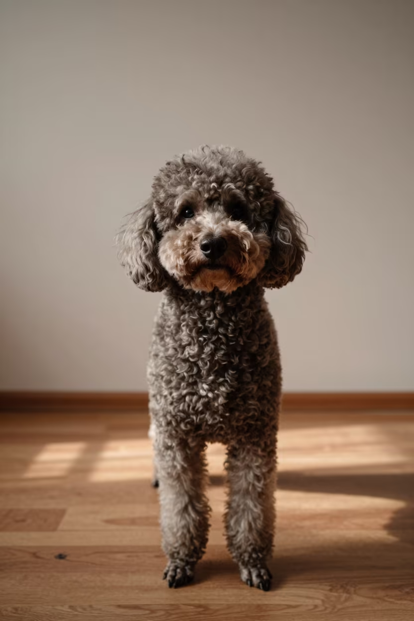 Dignified Poodle Portrait in Dawn Studio Light in in a quiet portrait studio with a plain backdrop and eye-level framing in Batman