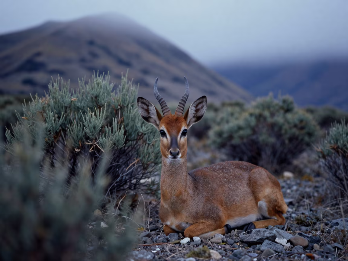 Dik-dik Hiding in Twilight Scrubland Queenstown in on a wind-scoured ridge near Queenstown