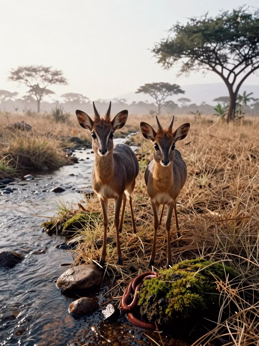 Dik-dik pair near glacial stream in early summer in above a glacial stream near Wenzhou