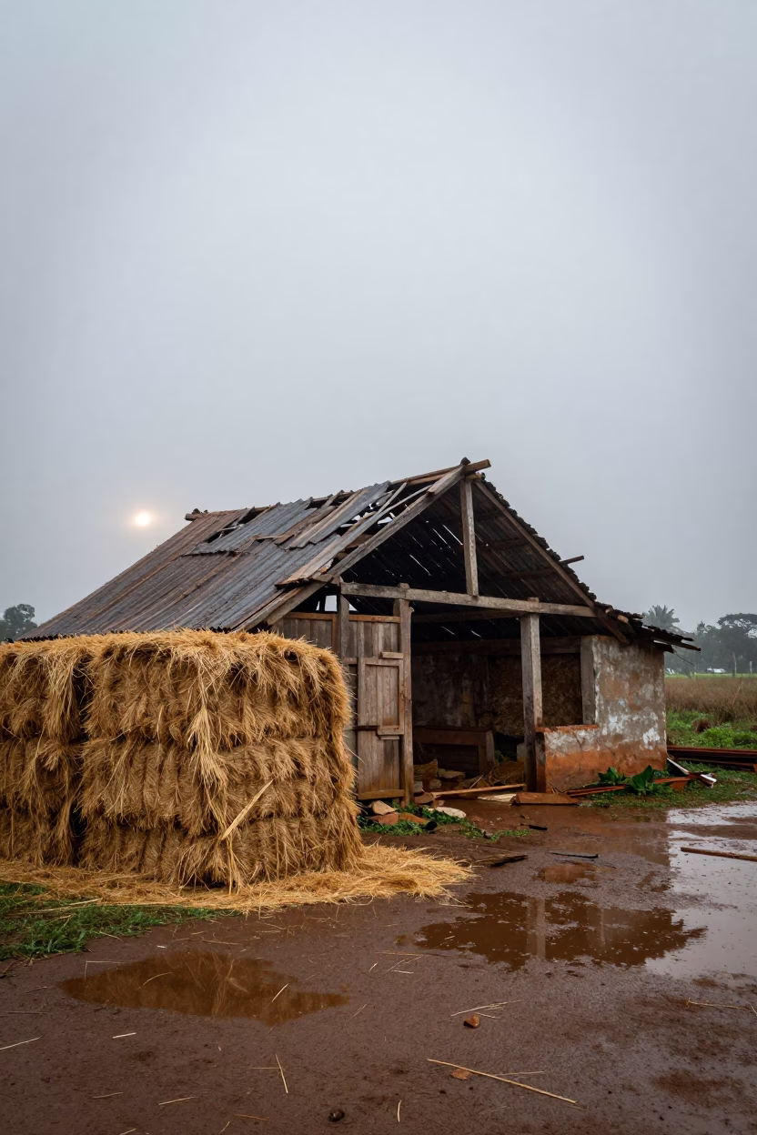 Dilapidated Barn and Hay Bales at Dawn in Togo in beside stacked hay bales in Togo