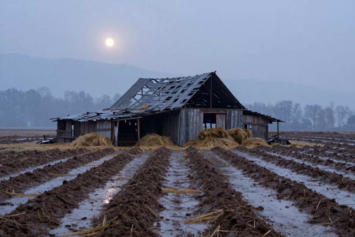 Dilapidated Barn in Kashmir Winter Rain in along freshly irrigated rows in Kashmir