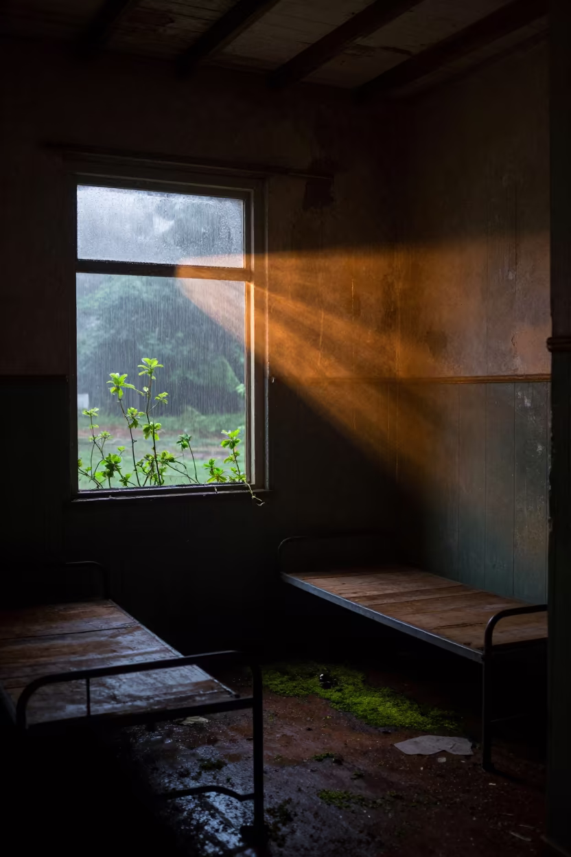 Dilapidated Chilean Barracks in Night Mist in along a derelict bunk room open to rain and wind in Chile