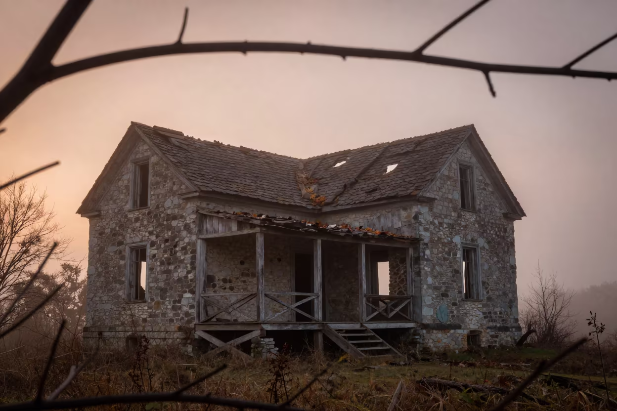 Dilapidated Farmhouse in Copper Mist at Dusk in among roofless stone chambers near Markham