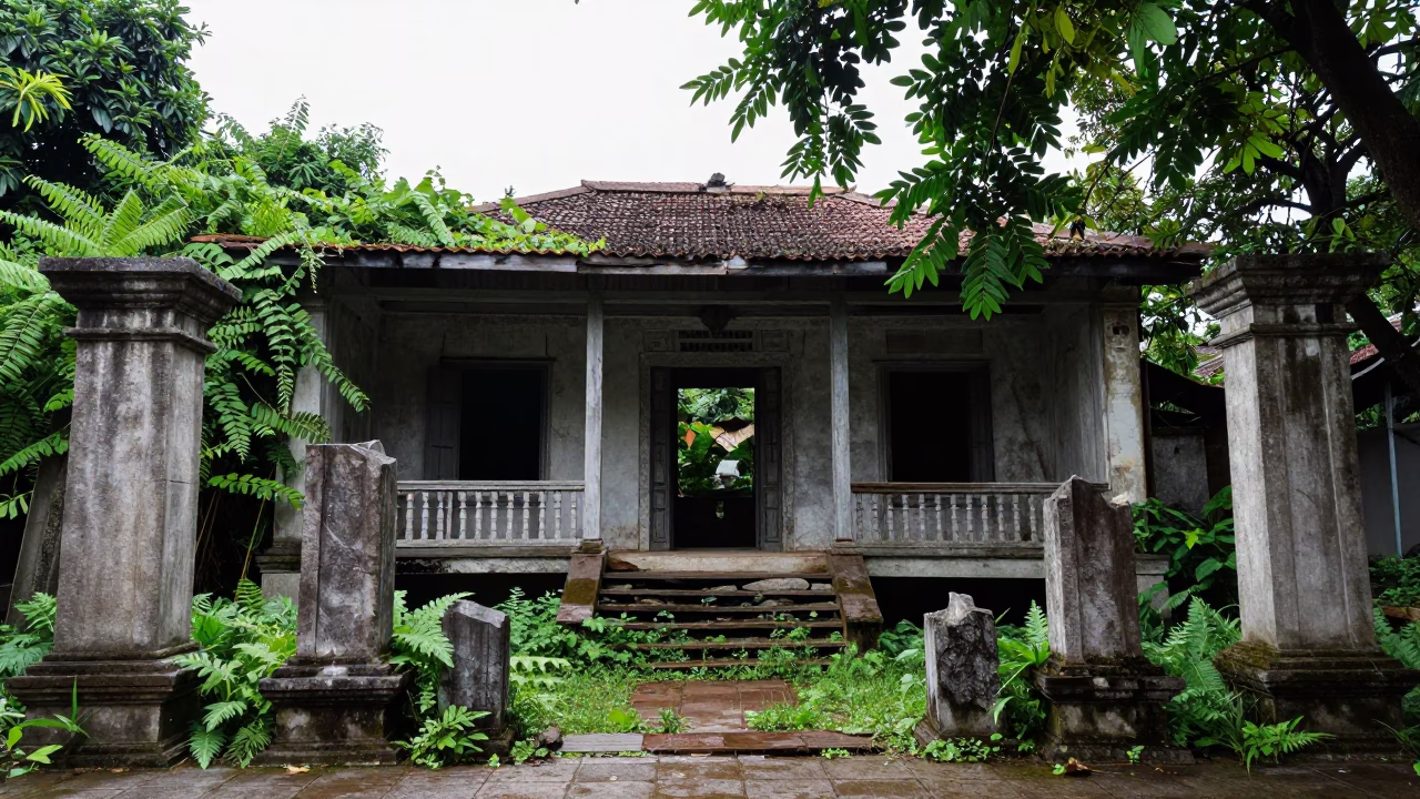 Dilapidated Farmhouse Among Nettles and Columns Near Hanoi in among toppled columns and nettles near Hanoi