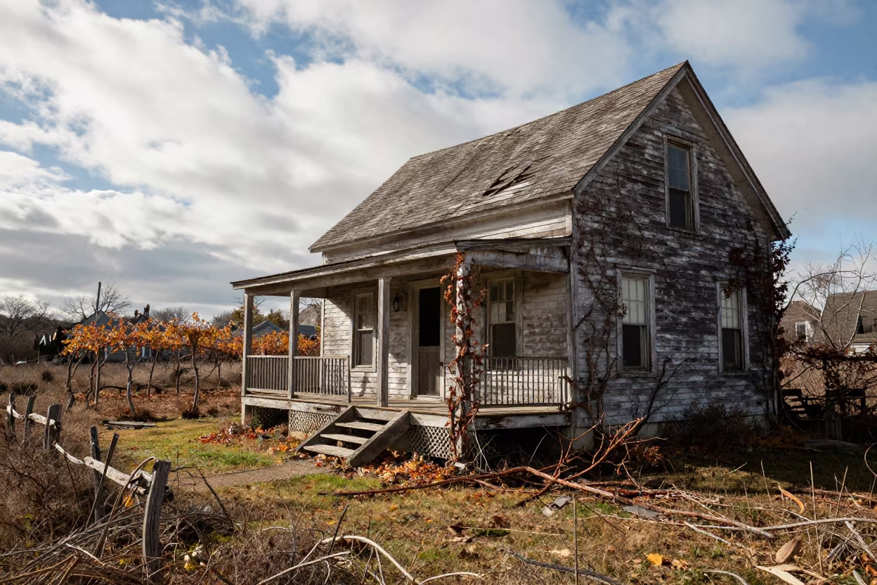 Dilapidated Farmhouse Reclaimed by Vine in along a vine-choked corridor near Martha's Vineyard