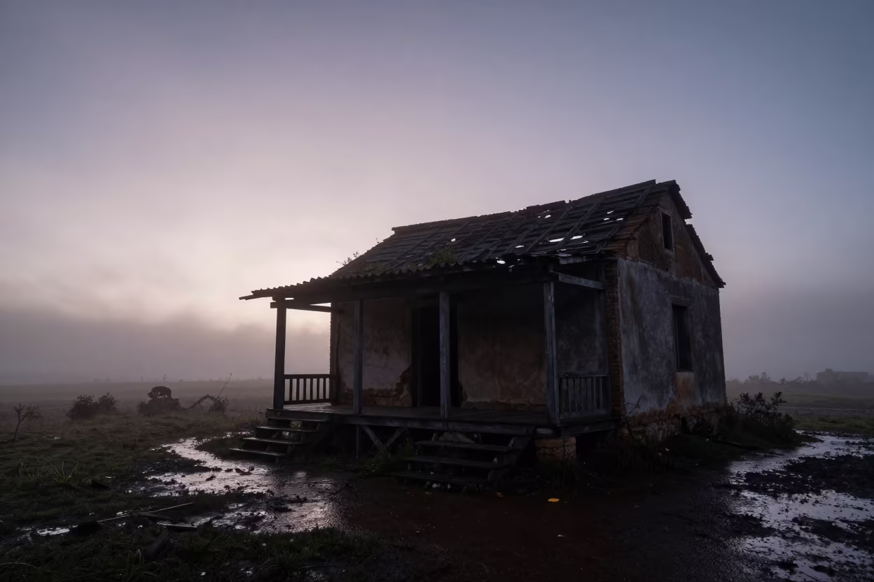 Dilapidated Farmhouse Silhouette Before Dawn in inside a roofless hammam in Aragon