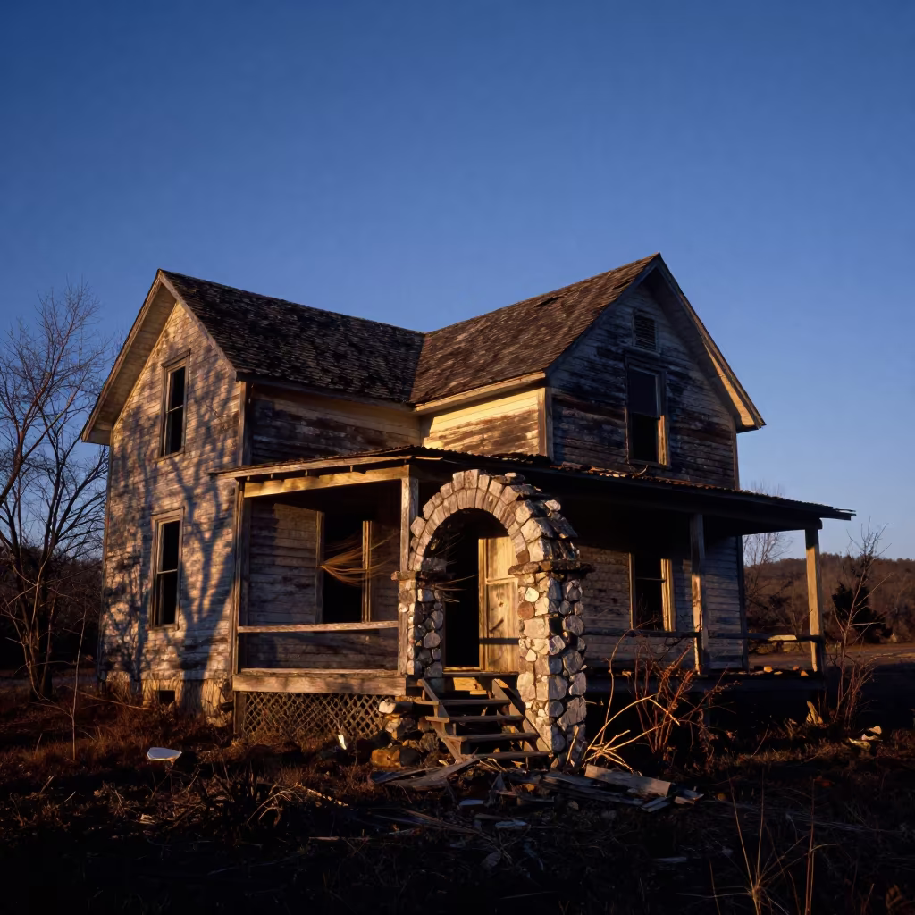 Dilapidated Farmhouse Under Stone Arch Tennessee in beneath a broken stone arch in Tennessee